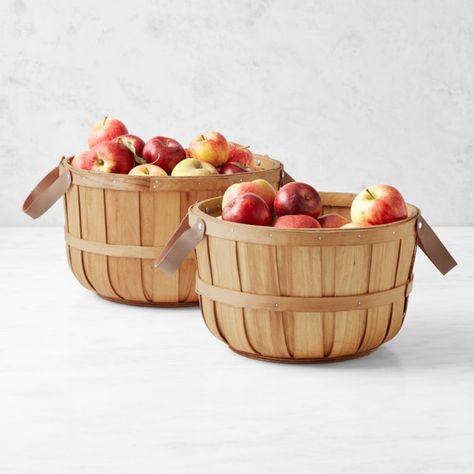 Whether you're gathering apples or household items, these nesting storage baskets will come in handy. Designed after those used to collect farm-fresh produce, they're woven from sturdy fir wood and fitted with copper-riveted leather handles for easy transport. The set of two includes 1-peck and 1/2-bushel sizes. Use them for collecting produce from your garden or the farmers' market, storing knitting supplies, kids' toys, pantry goods and more. Handcrafted from woven fir. Water-based clear varni Kawaii Picture, Snow White Apple, Apple Basket, Apple Baskets, Cheese Tasting, Fall Cocktails, Grilling Season, Bbq Tools, Cooking Accessories