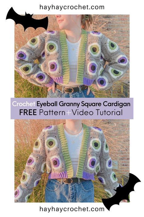 Crochet Eyeball Cardigan, Sugarwheel Crochet Patterns, Eyeball Granny Square Pattern Free, Halloween Crochet Granny Square Pattern, Eyeball Crochet Granny Square, Eyeball Granny Square Pattern, Crochet Halloween Clothes Patterns Free, Halloween Crochet Patterns Clothes, Crochet Eye Cardigan