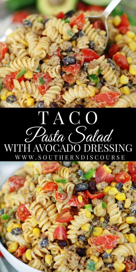 Taco Pasta Salad with Avocado Dressing - southern discourse Pasta Salad With Avocado Dressing, Pasta Salad With Avocado, Salad With Avocado Dressing, Avocado Cilantro Dressing, Southern Discourse, Taco Pasta Salad, Avocado Salad Dressing, Avocado Pasta Salad, Spicy Tacos