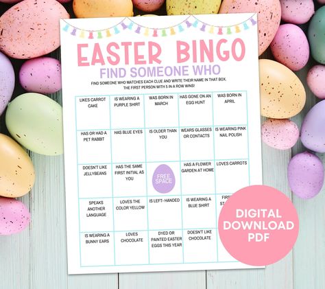 Easter Bingo Find Someone Who Game, Easter Party Mingle Icebreaker Find the Guest Bingo Adult, Easter Classroom Activity Bingo for Kids Game by TheBingoSpot on Etsy Find Someone Who Game, Find The Guest Bingo, Easter Bingo, Guest Bingo, Easter Classroom, Bingo For Kids, Find The Guest, Adult Easter, Bingo Set