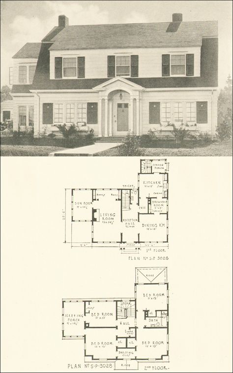 Dutch Colonial home. A few modifications to open the kitchen/dining room and create an upstairs en suite master. Dutch Colonial Floor Plans, Dutch Colonial House Plans, 1920s House Plans, American Colonial Architecture, Vintage Floorplans, Colonial House Floor Plans, Dutch Colonial House, Sears Homes, Colonial Revival House