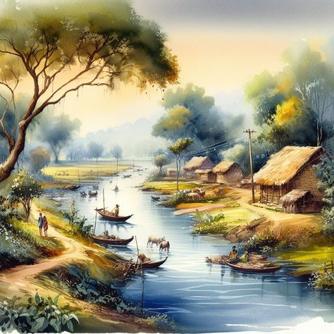 water color village landspace painting Landspace Painting, Village River, River Drawing, Modern Village, Watercolor Indian, Village Drawing, Indian Freedom Fighters, Village Art, River Side