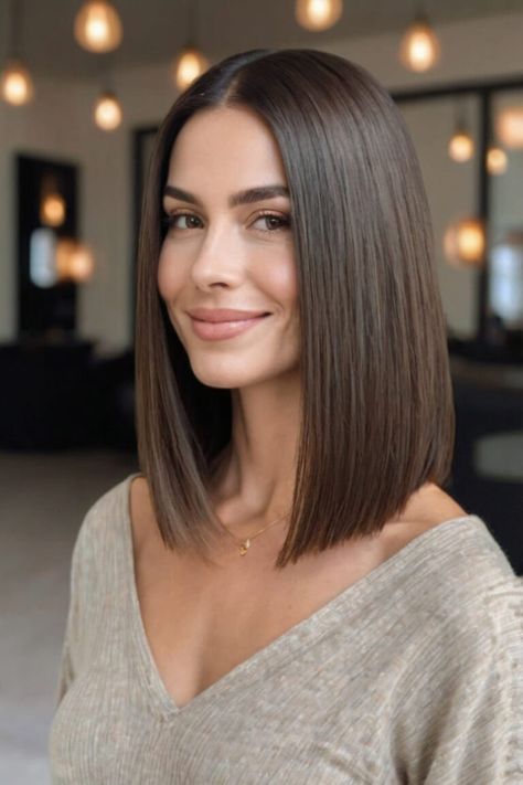 Sleek Straight Bob Mid Back Haircut Straight, One Length Long Bob, Long Sleek Bob, Medium Hair Straight Cut, Straight Hair Long Bob, Styling A Long Bob, Shoulder Length Straight Haircut, Short Brunette Hair Bob, Long A Line Bob