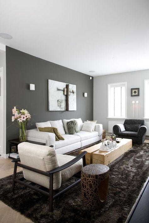 Grey Accent Wall Living Room, Gray Accent Wall Bedroom, Room Color Design, Dark Grey Living Room, Grey Walls Living Room, Grey Furniture Living Room, Grey Accent Wall, Living Room Wall Color, Room Wall Colors