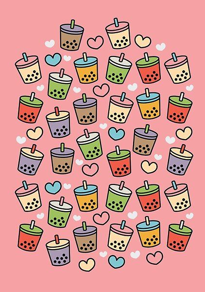 This cute bubble tea and heart pattern features is a colorful way to celebrate some of the best boba tea flavors: milk tea, chocolate or mocha, matcha, watermelon, peach, matcha and taro! For the true bubble tea lover! Boba Tea Flavors, Peach Matcha, Cute Bubble Tea, Bubble Tea Flavors, Tea Flavors, Tea Wallpaper, Bullet Journal Paper, Patterns Wallpaper, Drinks Logo