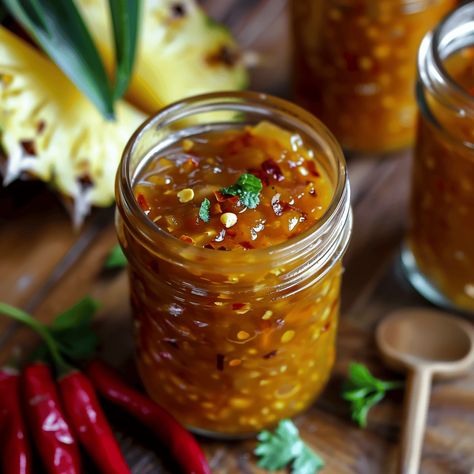 Sweet Chili Pineapple Sauce Sweet Chili Pineapple Sauce Recipe, Sweet Chili Pineapple Sauce, Pineapple Chili, Vegetarian Sauces, Spring Roll Sauce, Sweet Chili Sauce Recipe, Pineapple Sauce, Chopped Pineapple, Recipe Vegetarian