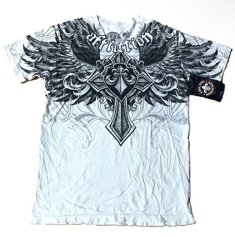 White Affliction Shirt, Emo Shirt, Affliction Clothing, Y2k Shirts, Metal T Shirts, Baggy Clothes, Vibe Clothes, Swaggy Outfits, Really Cute Outfits