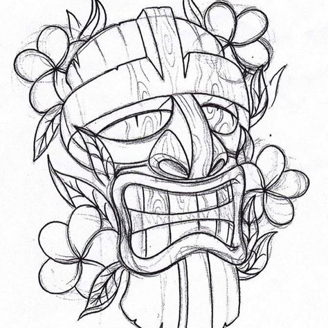 Tiki tattoo Doll Sketch, Tiki Ideas, Simbols Tattoo, Cardboard Masks, Tattoo Modern, Tiki Tattoo, Tiki Faces, Tiki Man, Tiki Head