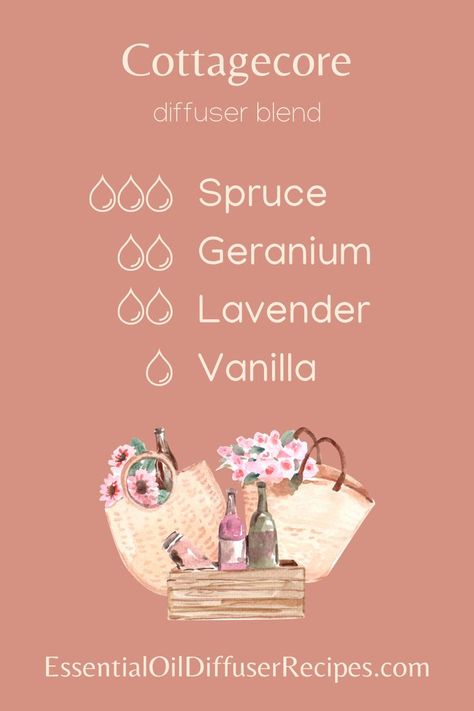 The Cottagecore essential oil diffuser blend contains spruce, geranium, lavender, and vanilla essential oils. Vanilla Essential Oil Blends, Lavender Essential Oil Blends, House Scents, Diy Diffuser Blends, Essential Oil Perfume Blends, Scent Blends, Essential Oil Perfumes Recipes, Lavender And Vanilla, Diffuser Oils