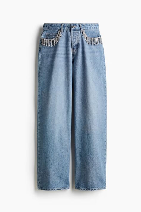 Wijde jeans met stras - Licht denimblauw/stras - DAMES | H&M NL White Wide Leg Jeans, Black Wide Leg Jeans, Rhinestone Fringe, Cotton Plant, Wide Legs, Blue Rhinestones, Pocket Jeans, Light Denim, Denim Blue