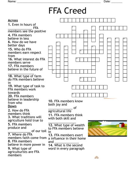 FFA Creed Crossword Ffa Leadership Activities, Ffa Activities Middle School, Ffa Lesson Plans, Ffa Meeting Activities, Ffa Ideas Activities, Ffa Projects Ideas, Ffa Activities High Schools, National Ffa Week Ideas, Ag Teacher Aesthetic