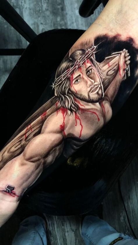 Jesus 3d Tattoo, Jesus Forearm Tattoo, Jesus Hand Tattoo, Jesus On Cross Tattoo, Christus Tattoo, Jesus Christ Tattoo, Jesus Tattoo Design, Tatoo 3d, Catholic Tattoos