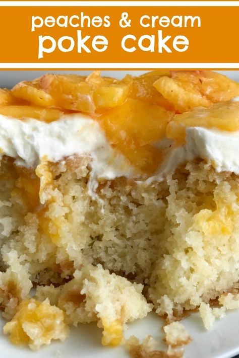 Peaches and Cream Poke Cake | Poke Cake Recipe | Cake | Dessert | If you love poke cakes then you must try this peaches and cream poke cake! French vanilla cake soaked in fresh peaches, frosted with a light and fluffy cream cheese whipped topping, and topped with chunked fresh peaches. #pokecake #cake #dessertrecipes #easydessertrecipe #peaches #peachrecipes Peach Poke Cake, Cobbler Dump Cake, Cream Poke Cake, Peach Cake Recipes, Cake Poke, Peach Cobbler Dump Cake, Peach Dump Cake, French Vanilla Cake, Cake Mix Ingredients