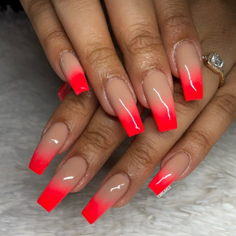 Red Ombre Nails Square, Nails Ombre Orange, Bright Red Ombre Nails, Summer Acrylic Nails Ombre, Ombre Red Nails Acrylic, Red Ombre Nail Designs, Blush Ombre Nails, Ombre Red Nails, Red Ombré Nails