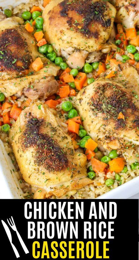 Tender, juicy, chicken thighs seasoned with a light blend of herbs are baked to perfection over brown rice in this chicken and brown rice casserole that's easy to make, easier to clean up, and the perfect busy weeknight recipe! Brown Rice Dinner Recipes, Brown Rice Casserole Recipes, Chicken Thigh And Rice Recipe, Brown Rice Dinner, Chicken Thigh Casserole, Brown Rice Recipes Healthy, Healthy Brown Rice, Rice Bake Recipes, Chicken Thigh Seasoning