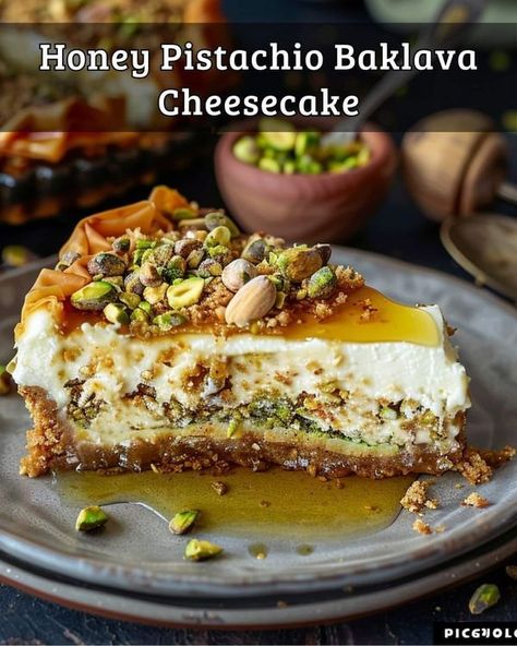 Jamie Oliver Recipes | 🍯🥜 Honey Pistachio Baklava Cheesecake | Facebook Honey Pistachio, Phyllo Pastry, Baklava Cheesecake, Pistachio Cheesecake, Pistachio Baklava, Roasted Walnuts, Jamie Oliver Recipes, Base 10, Roasted Almonds