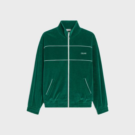 Celine tracksuit jacket in velvet jersey - vert bouteille / off white | CELINE Retro Sportswear, Tracksuit Jacket, Velour Fabric, Handbags Leather, Track Jacket, Mr Porter, Track Jackets, Leather Goods, Logo Embroidered