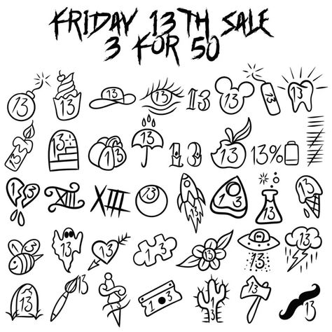 September, Friday the 13th 🩸is just around the corner, and we’re brewing up something very unforgettable and special in our studio. Mark your calendars because you won't want to miss this event 🕸️ 🎃 Exclusive Tattoos. Limited Designs. Insane Prices. 🎃 Will you be brave enough to get inked?Book your spot and get handsomely rewarded. 🕸️ Walkins are welcome - first come first served! 📅 THESE PROMO PRICES RUN FROM September 10th - 13th ONLY. BOOKINGS OUTSIDE THIS TIME WILL BE CHARGED AT NORM... Friday 13 Tattoo, Friday 13 Tattoo Ideas, 13 Tattoo Ideas, Friday The 13th Tattoo Flash, 13 Tattoo, Friday The 13th Tattoo, Flash Ideas, Number Tattoos, 13 Tattoos