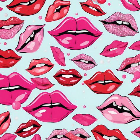 Sassy Lips Pop Art Pattern - Bold & Chic Kiss Print Add a touch of playful glamour to your projects with this vibrant lips pattern! Featuring bold red, pink, and glittery lips on a soft pastel background, this trendy seamless design is perfect for fabric, stationery, wrapping paper, digital wallpapers, and more. A fun and flirty print for beauty lovers and fashionistas who adore bold aesthetics! Fabric Stationery, Glittery Lips, Soft Pastel Background, Kiss Print, Pop Art Patterns, Tote Bag Patters, Pastel Background, Beauty Lover, Pattern Illustration