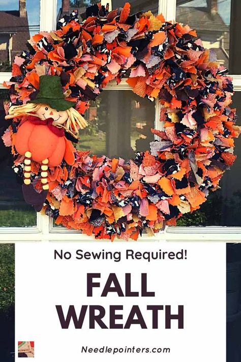 Easy No-Sew Fabric Wreath for Halloween or Fall Tutorial | Needlepointers.com Tie Wreath, Inexpensive Wreaths, Spooky Craft, Fall Craft Projects, Loopy Yarn, Handmade Gifts For Kids, Wreath For Fall, Craft Ideas To Sell, Fun Craft Projects