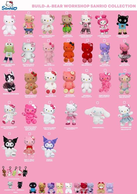 Hello Kitty Build A Bear Collection, Pink Hello Kitty Build A Bear, Giant Hello Kitty Plush, Hello Kitty Members, Build A Bear Collection, Pompompurin Build A Bear, Kuromi Build A Bear, Build A Bear Ideas, Cute Build A Bears