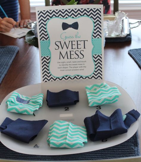 Baby Shower Games - Guess The Sweet Mess - guests peek, sniff & try to guess the chocolate candy inside each diaper. Bow Tie Baby Shower Theme, Guess The Sweet Mess, Baby Shower Decorations Neutral, Baby Shower Pictures, Sunflower Baby Showers, Boy Baby Shower Ideas, Baby Shower Prizes, Free Baby Shower, Elephant Baby Showers