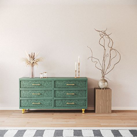 Latitude Run® Keaster 6 - Drawer Accent Chest | Wayfair Mid Century Style Bedroom, Retro Dresser, Art Deco Dresser, Rustic Dresser, Green Dresser, Relief Carving, Furniture Renovation, Bas Relief, Flipping Furniture