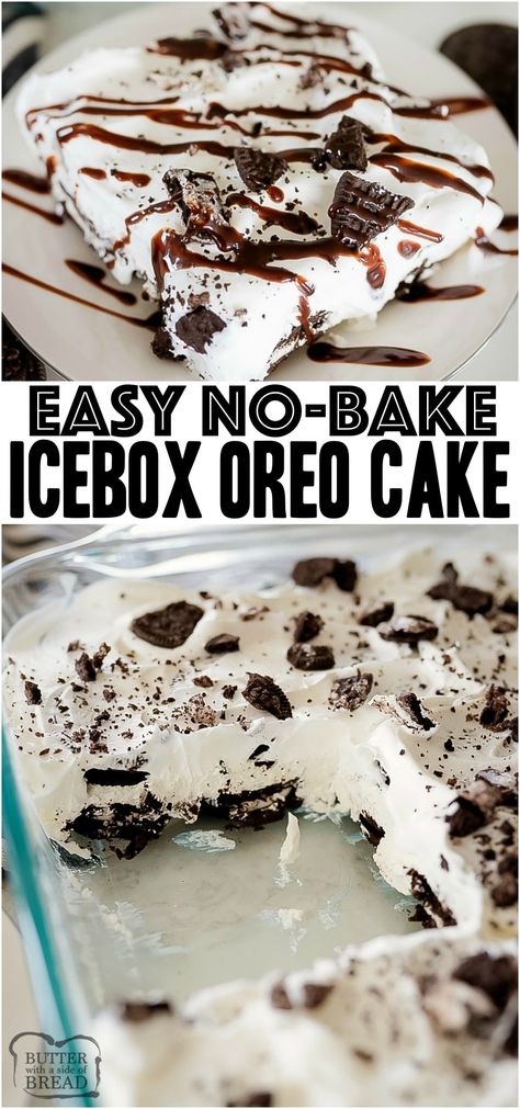 No Bake Oreo Cake is a rich & creamy layered dessert made with frozen whipped topping, cream cheese and Oreos. This is the perfect summer dessert for cookies & cream lovers! #icebox #cake #nobake #OREO #cookiesandcream #summer #dessert #easyrecipe from BUTTER WITH A SIDE OF BREAD Oreo Ice Box Cake, No Bake Oreo Cake, Oreo Icebox Cake, Cake No Bake, Ice Box Cake, Oreo Dessert Recipes, Icebox Cake Recipes, Layered Dessert, Cookies Cream