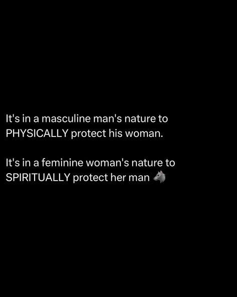 It’s in a masculine man’s nature to PHYSICALLY protect his woman. It’s biologically ingrained. When danger looms, he stands as the shield, ready to face any threat head-on. This isn’t just about muscles, it’s about heart, courage, and an unbreakable will to safeguard what he loves. On the flip side, it’s in a feminine woman’s nature to SPIRITUALLY protect her man. She’s the sanctuary, the source of peace and emotional strength. Her support runs deep and she has unwavering belief in ... Protective Man Quotes, Men Protecting Women, Masculine Energy Aesthetic, Masculine Feminine Quotes, A Man Should Protect His Woman, Protective Man, Masculinity Quotes Real Man, Masculine Men Quotes, Masculine Feminine Energy Quotes