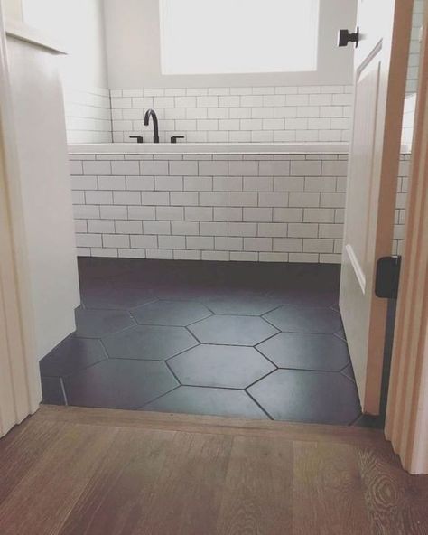 Black Hexagon Tile Bathroom Floor, Octagon Tile Bathroom, Black Hexagon Tile Bathroom, Hexagon Tile Bathroom Floor, Hexagon Tile Bathroom, Black Tile Bathrooms, Black Grout, Black Floor Tiles, Hexagon Tile