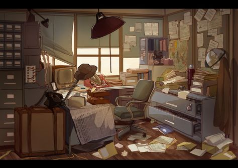 ArtStation - DA02 - Detective Office, Vicki Quek Detective Office, Perspective Room, Interior Concept Art, Noir Detective, Detective Aesthetic, John Wilson, Messy Room, Interior Concept, Visual Development