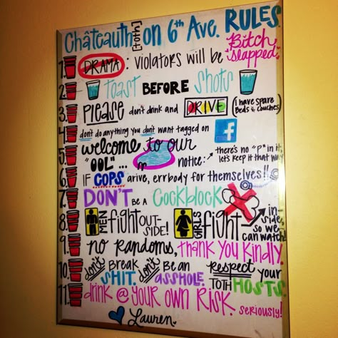 #collegerules #houserules #throwback #college House Party Drinks, House Party Rules, Ideas For House, Party Rules, Rules Poster, Party Drinks Alcohol, College House, Frat Parties, Dont Drink And Drive