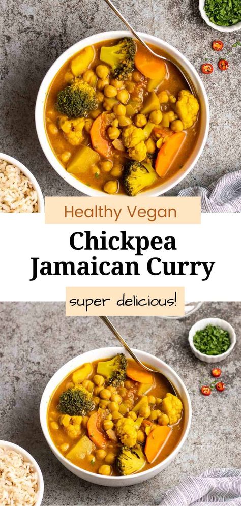 This vegan Jamaican chickpea vegetable curry is creamy, filling, and packed with tons of flavors! A quick one-pot meal that is ready in 30 minutes. It is highly customizable, too. Healthy Chickpea Recipes, Curry With Vegetables, Chickpea Recipes Healthy, Vegan Jamaican, Seitan Chicken, Jamaican Curry Powder, Asian Noodle Dishes, Chickpea Curry Recipe, Jamaican Curry