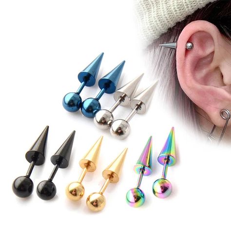 2Pcs/1pair Women Men Round Ball Spike Cone Tip Titanium Steel Screw Back (Pierced) Stud Earrings Punk Gothic Jewelry Gifts Earrings Punk, Helix Piercing Jewelry, Tragus Conch, Stud Fashion, Body Jewelry Piercing, Estilo Punk, Estilo Hip Hop, Spiral Design, Silver Jewelry Fashion