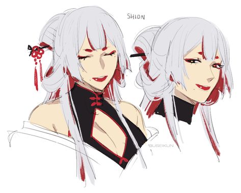 Scar Design Drawing, Red And White Character Design, Useikun Art, Red Skin Character Design, Shrine Maiden Oc, Female Oc Ideas Character Design Inspiration, Oc Drawings Character Design, Kitsune Character Design, Red Character Design