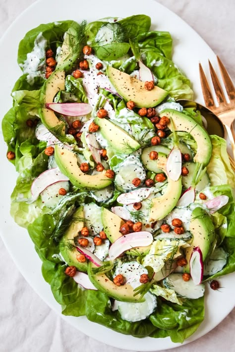 Blushing radishes, cool cucumber and smoky roasted chickpeas make this gorgeous butter lettuce and radish salad with yogurt-dill dressing an absolute celebration of all things crispy-crunchy. Yogurt Dill Dressing, Simple Side Salad, Toasted Chickpeas, Best Summer Salads, The Modern Proper, Modern Proper, Dill Dressing, 3 Course Meals, Butter Lettuce