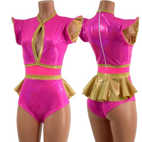 This elegant romper is made of our NEON Pink Sparkly Jewel Spandex, with an inset keyhole neckline, flip sleeves, and a siren cut leg. It also features a cute little ruffle rump in back! Neon Pink mesh waist panel, Gold Kaleidoscope trim, Gold Kaleidoscope ruffle rump,  and a zipper in back.   This item is made to order. Ships out within 5 days of purchase. Womens Sizing (See below for instructions on where measurements should be taken) XXS: Bust 29"-30" / Waist 22"-23" / Hips 30"-32" Extra Smal Aerobics Photoshoot, Pink Space Outfit, Neon Disco Outfit, Angeldust Fanart, Alien Disco, Majorette Dance Uniforms, Majorette Dance, Pink Dance Costumes, Majorette Outfits