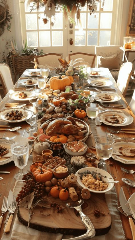 Dinner Table Set Up Ideas, Fall Thanksgiving Table Decor, Autumn Dinner Table Decor, Rustic Thanksgiving Table Decor, Thanksgiving Table Settings With Food, Autumn Tea Party Table Settings, Rustic Thanksgiving Table Settings, Fall House Party, Table Settings Autumn