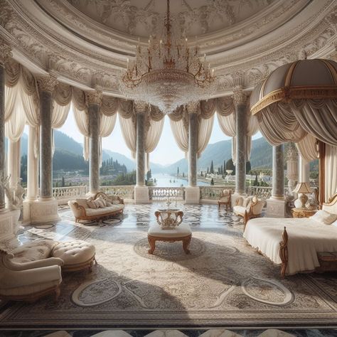 Palace Room Aesthetic, Castle Interior Fantasy Art, White Royal Bedroom, Old Money House Design, Castle Bedroom Luxury, Fantasy Royal Bedroom, Castle Interior Aesthetic, Princess Mansion, Fantasy Castle Interior