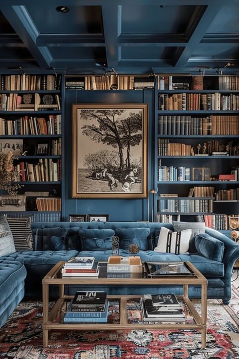 Create an Elegant Reading Nook with Chic Home Libraries 📚✨ Design a sophisticated home library that combines style and comfort. Use elegant shelving, cozy seating, and tasteful decor to create the perfect literary escape. 🌿🛋️ #HomeLibrary #ReadingNook #ChicDecor #InteriorInspo Library Cocktail Room, Grand Millennial Library, Navy Library Room, Formal Living Room Library, Dark Blue Library Room, Ravenclaw Library, Navy Blue Library, Basement Library Ideas, Blue Library Room