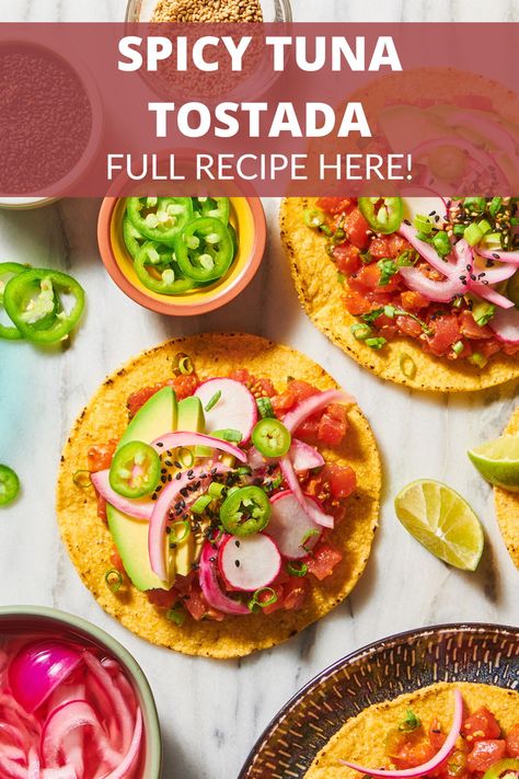 These spicy tuna tostadas are a quick and easy meal that is sure to please everyone! Check out our full recipe here! Tuna Tostadas Recipes, Ahi Tuna Tostada, Fish Tostadas, Tuna Tostadas, Seared Tuna Recipe, Fresh Tuna Recipes, Tostada Recipe, Sriracha Recipes, Asian Fusion Recipes