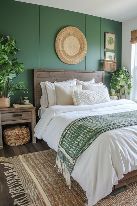 Green Boho Bedroom Ideas Green Bed Frame Bedroom Ideas, Boho Green Bedroom, Bedroom Boho Ideas, Green Boho Bedroom Ideas, Vibe Bedroom Ideas, Green Boho Bedroom, Earth Tone Bedroom, Green Accent Wall, Green Bedroom Ideas