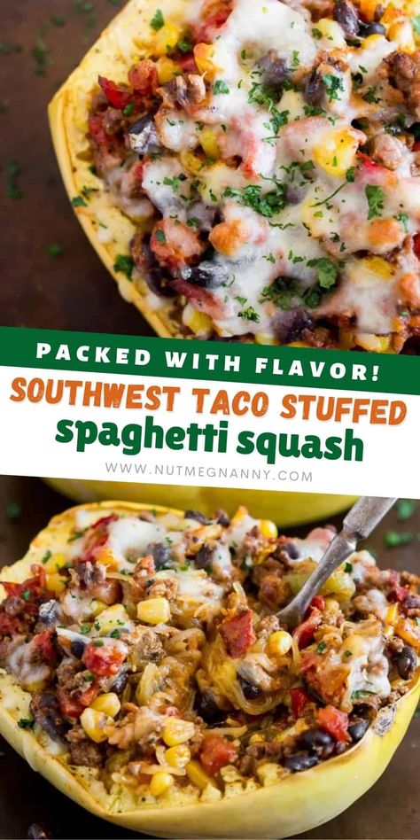 This Southwest taco stuffed spaghetti squash is packed full of ground beef, vegetables, delicious spices, and herbs and topped with spicy pepper jack cheese. Super simple to make and a total crowd-pleaser. This dish is 100% comfort food! Southwestern Spaghetti Squash, Spaghetti Squash With Ground Turkey, Spaghetti Squash Ground Turkey, Ground Turkey Spaghetti Squash, Ab Food, Southwest Tacos, Garden Meals, Spaghetti Squash Recipes Easy, Stuffed Spaghetti Squash