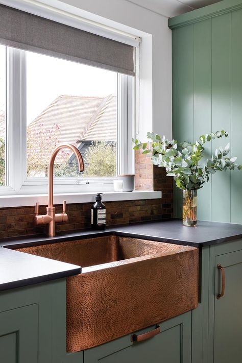 Window/backsplash Copper Hardware Kitchen, Copper Kitchen Accents, Cooper Kitchen, Copper Interior, Sage Green Kitchen, Copper Kitchen Sink, Green Kitchen Cabinets, Copper Sink, Metal Kitchen