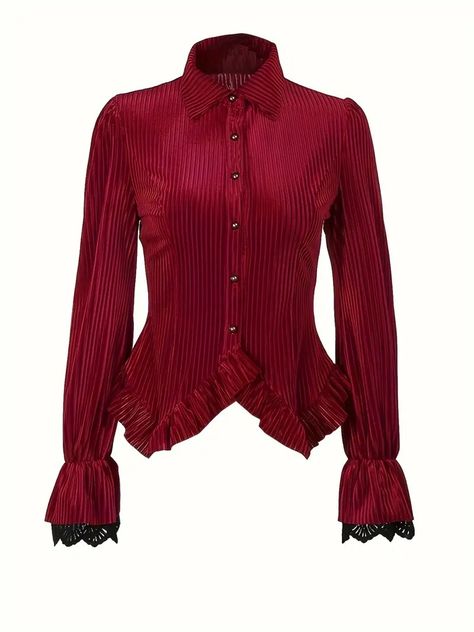 Lace Stitching Button Front Shirt Vintage Long Sleeve Shirt - Temu Red Velvet Shirt, Red Velvet Blouse, Lace Hem Top, Harajuku Shirt, Patch Work Blouse, Velvet Shirt, Velvet Blouses, Vintage Blouse, Popular Outfits