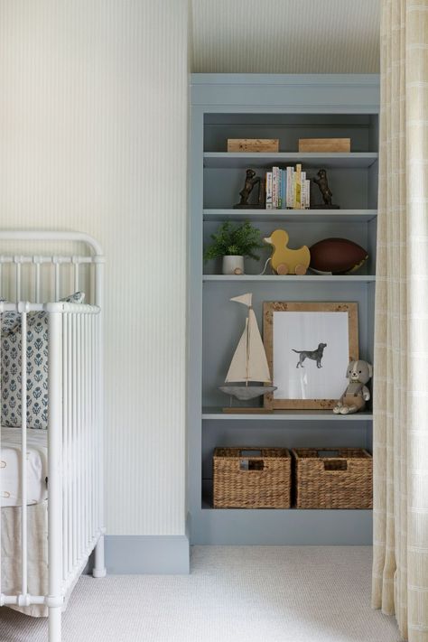 Lexington Ave. Project: Kids' Room Reveal | Bria Hammel Interiors Megan Stokes Nursery, Hamptons Style Nursery, Beadboard Ceiling Nursery, Shelving In Nursery, Nautical Vintage Decor, Blue And Neutral Nursery, Blue Trim Nursery, Boy Nursery Shelves, Blue Contrast Trim