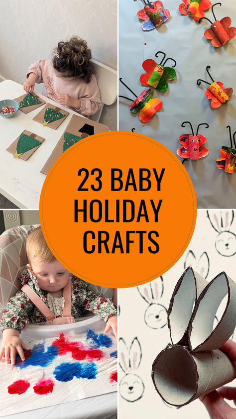 Collage of fun holiday crafts for babies, including Christmas tree crafts, butterfly art, finger painting, and bunny shapes. Project For Infants, Baby Holiday Crafts, Hand Print Crafts, Cute Christmas Trees, Newborn Care Tips, Crafts For Babies, Simple Ornaments, Baby New Year, Keepsake Crafts