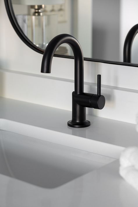 Matte Black Bathroom Faucet with white quartz countertop #blackmattefaucet #bathroomfaucet Black Faucets, Black Faucet Bathroom, Matte Black Bathroom Faucet, Quartz Bathroom, Black Bathroom Faucet, Matte Black Bathroom, Black Faucet, Cheap Bathrooms, Faucet Design