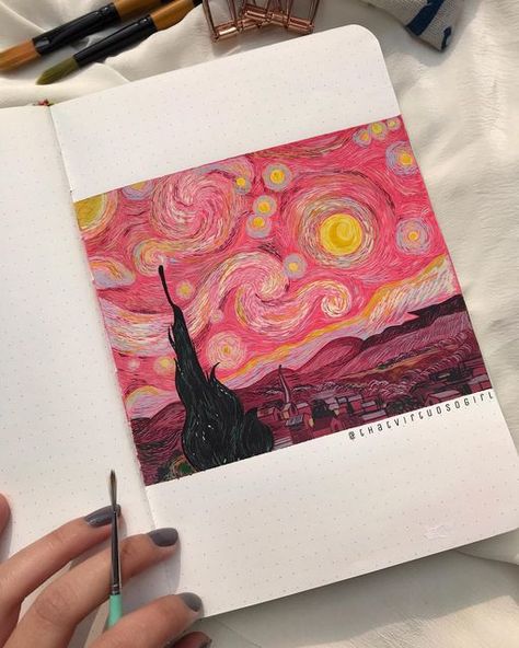 Anjali Sharma | Art on Instagram: "안녕하세요 여러분💜 . . So, I am starting a new series in which i’ll recreate some of the famous painting in the world. & the first one in the queue is 🥁 “The Starry Night” - Vincent van Gogh (But its pink version) . . Its been a long time since i have done a proper feed series. Let me know in the comments if you liked it. Also, you can DM me if you wanna see recreation of a particular painting❣️ Stay tuned, there are many more to come. . Do tag me if you r Canvas Art Painting Acrylic, Long Painting, World Famous Paintings, Many More To Come, Starry Night Painting, Boho Art Drawings, Vincent Van Gogh Art, Posca Art, The Starry Night