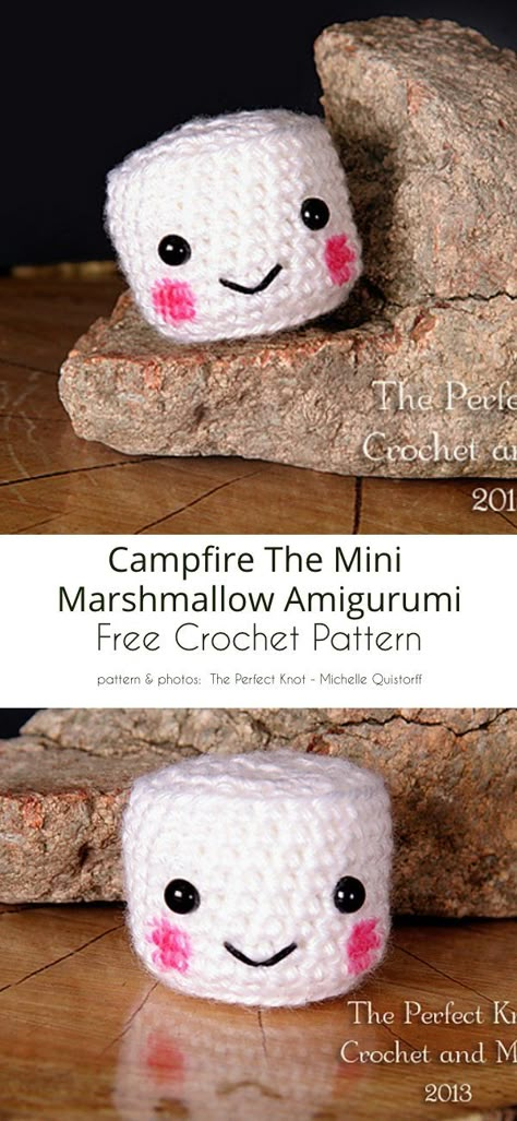 Amigurumi de malvavisco Marshmallow Decor, Marshmallow Amigurumi Free Pattern, Blanket Yarn Crochet Patterns Free, Camping Crochet, Crochet Marshmallow, Crochet Smores Pattern Free, Fall Crochet Keychains, Marshmallow Amigurumi, Marshmallow Crochet Pattern